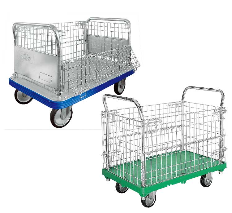 アミかご付・キャンバスかご付運搬台車（プラスチック製・スチール製ビッグボディ）Xe đẩy hàng có giỏ dạng lưới và dạng vải bạt<br>（Sản xuất tại Nhựa / Loại thân cỡ lớn bằng thép）