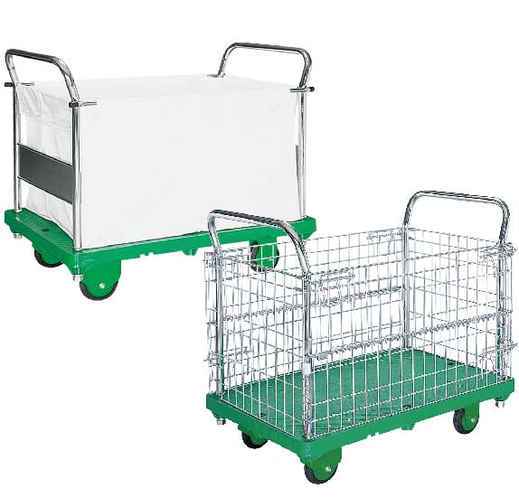 アミかご付・キャンバスかご付運搬台車（プラスチック低ノイズ製）Xe đẩy hàng có giỏ dạng lưới và dạng vải bạt<br>（Loại bằng nhựa – Loại ít ồn）
